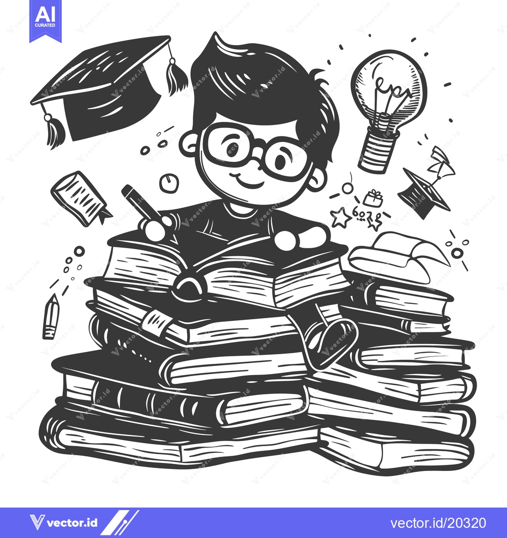 Premium Vector dari A Student Sitting on a Pile of Books with a Lightbulb Above Their Head