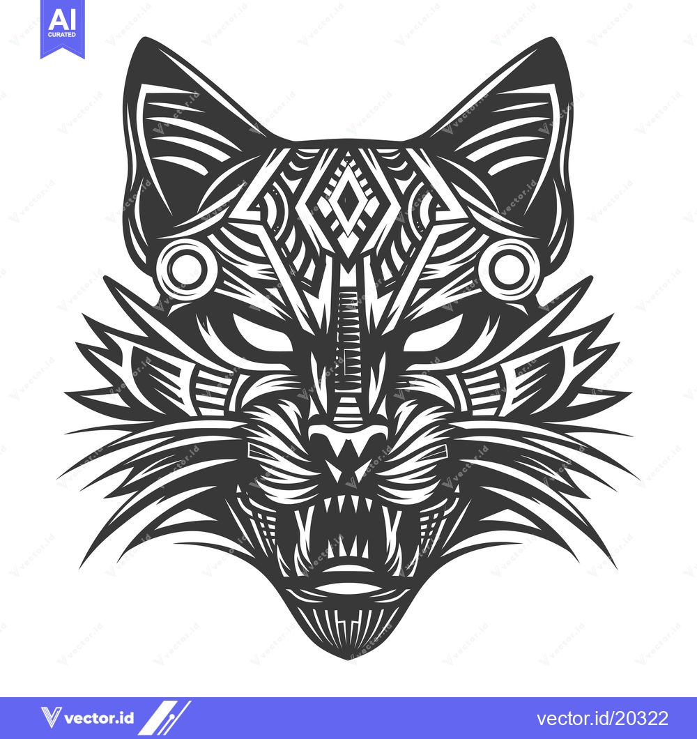 Premium Vector of A stylized and abstract black and white illustration of a cat's face.