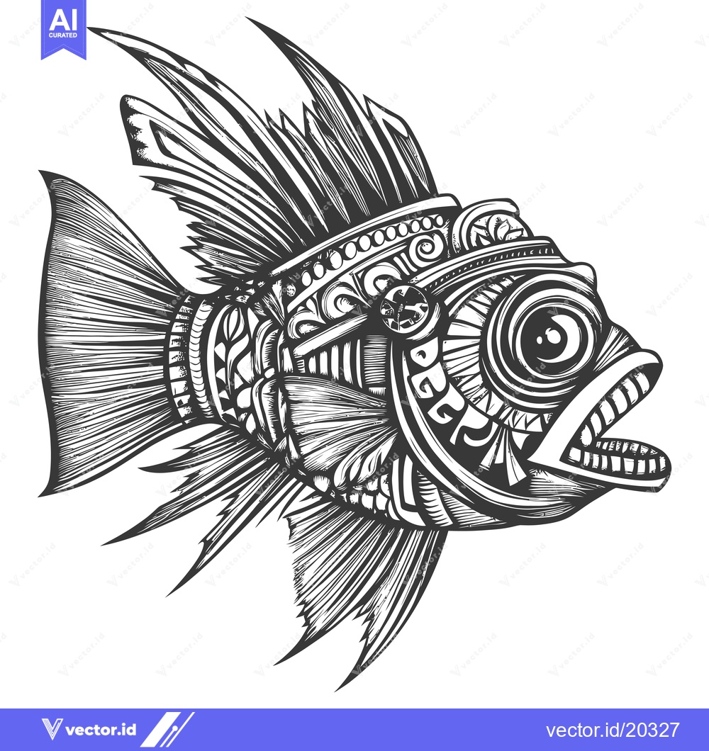 Premium Vector dari A stylized black and white drawing of a fish with an open mouth and de