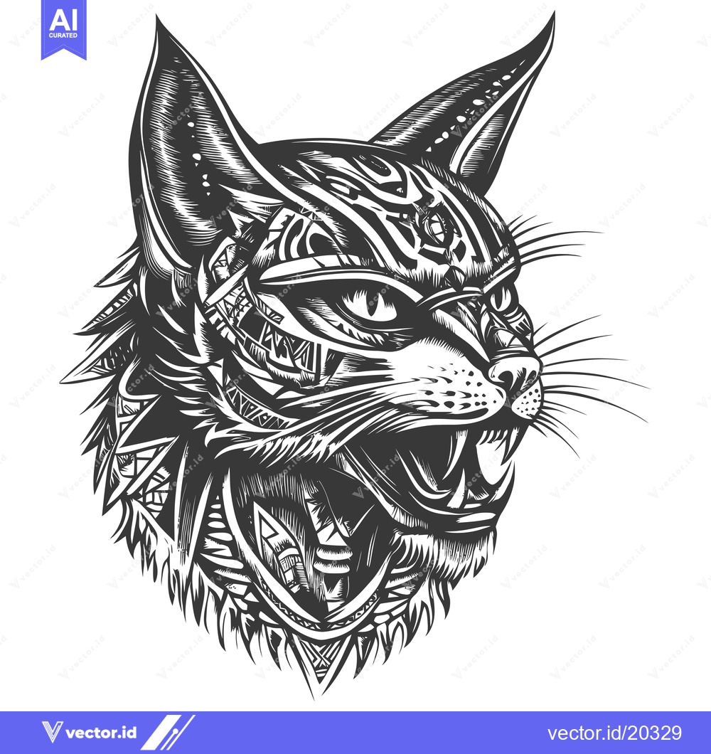 Premium Vector dari A stylized black and white drawing of a snarling cat's head