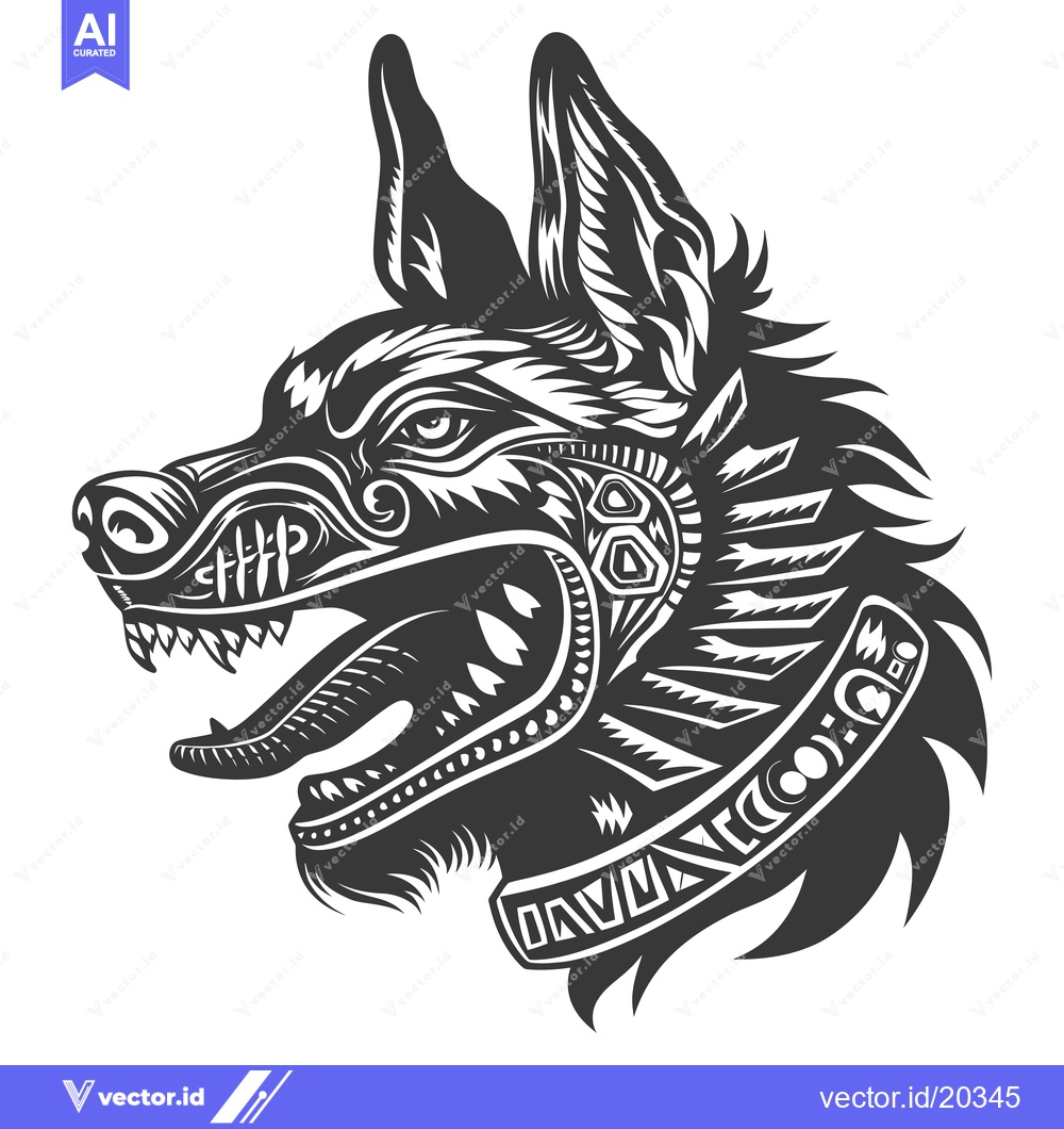 Premium Vector dari A stylized black and white illustration of a snarling wolf's head with