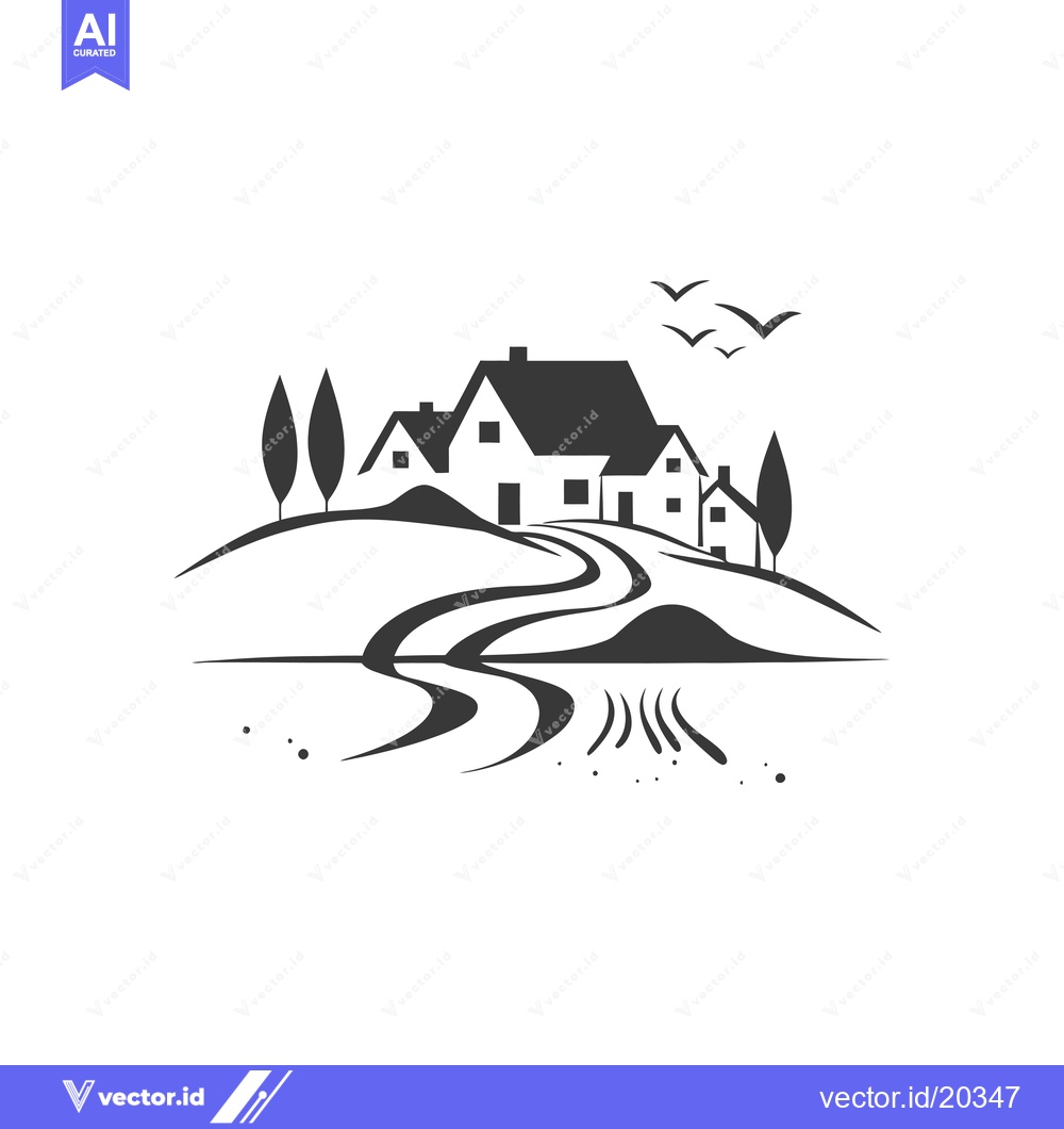Premium Vector of A stylized black and white illustration of a village nestled in rollin