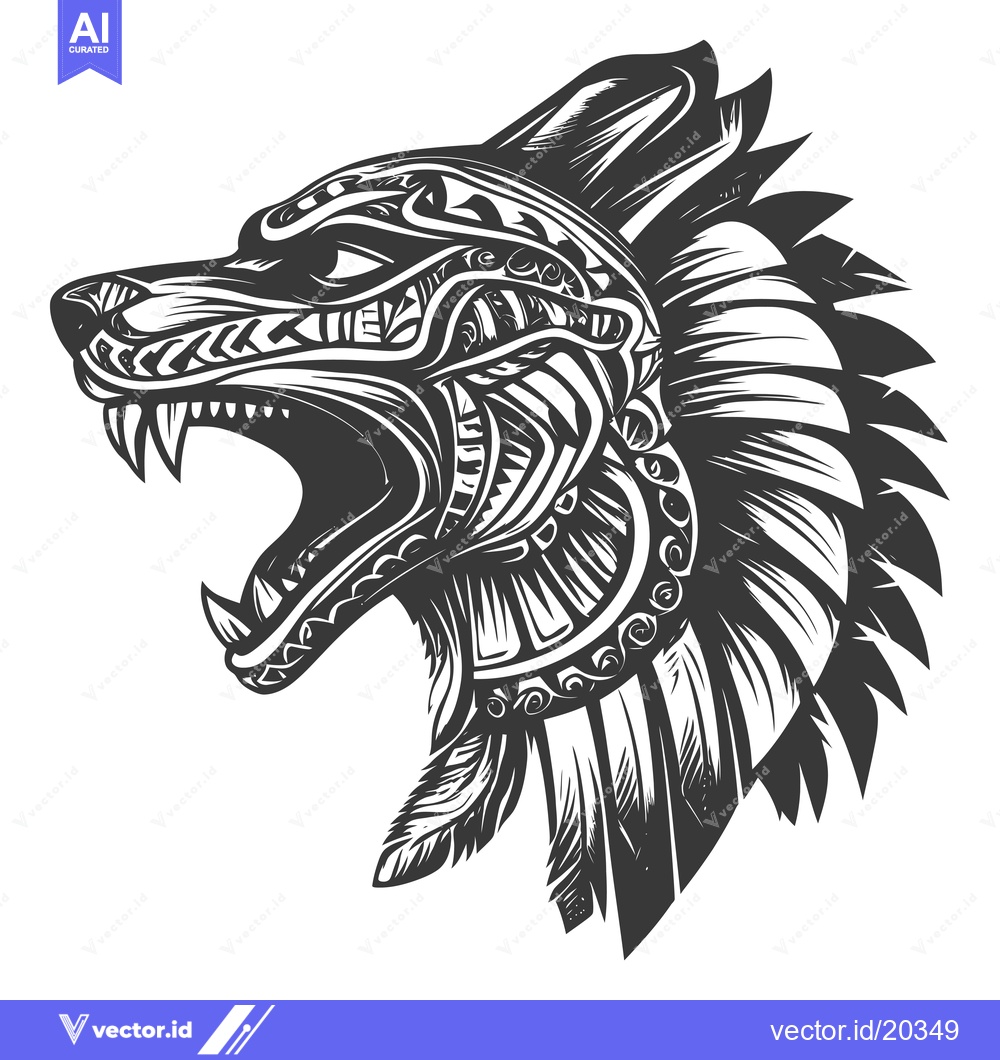 Premium Vector of A stylized black and white illustration of a wolf's head with tribal p