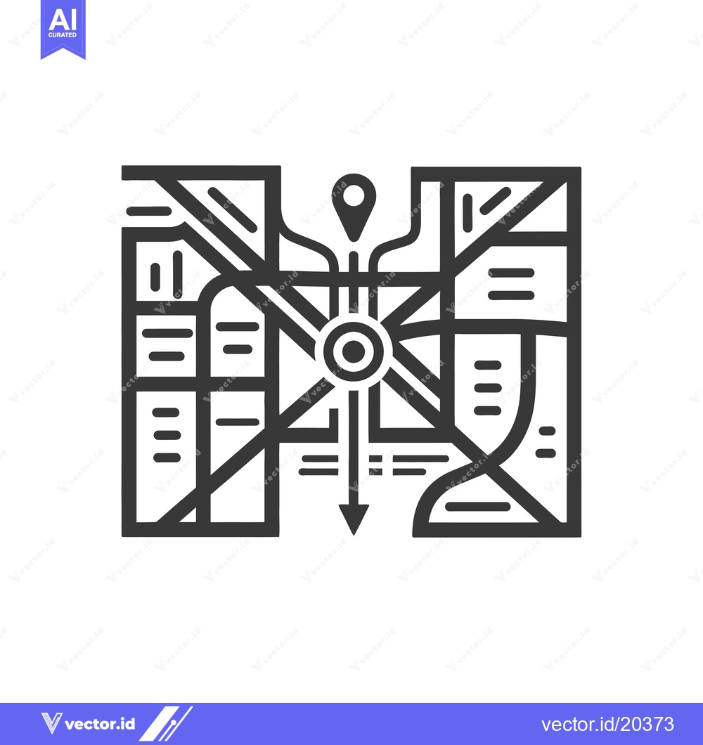 Premium Vector of A stylized city map with a pin, an arrow, and street lines.