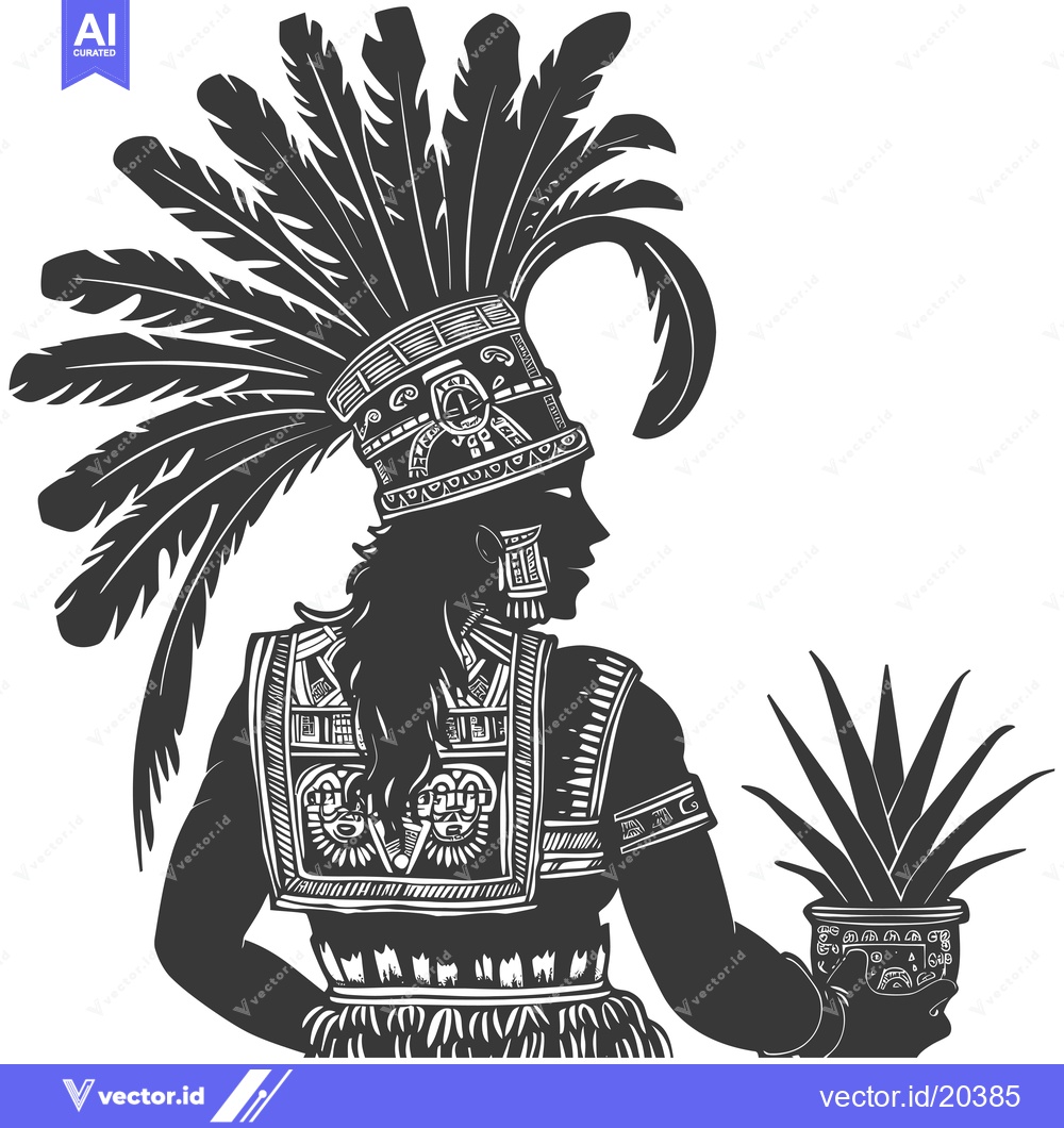 Premium Vector of A stylized figure with a feathered headdress, holding a plant in a pot