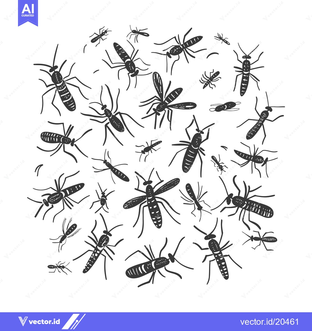 Premium Vector dari A Swarm of Black and White Mosquitoes on a White Background