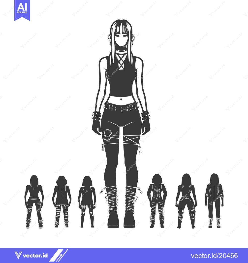 Premium Vector of A Tall Woman in Gothic Attire Surrounded by Shorter Women in Similar O