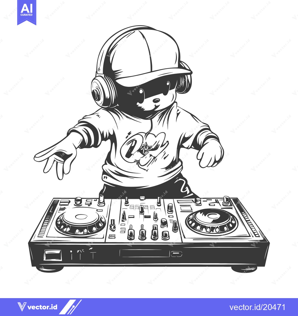Premium Vector of A Teddy Bear DJ Wearing Headphones Mixing Music on a Turntable