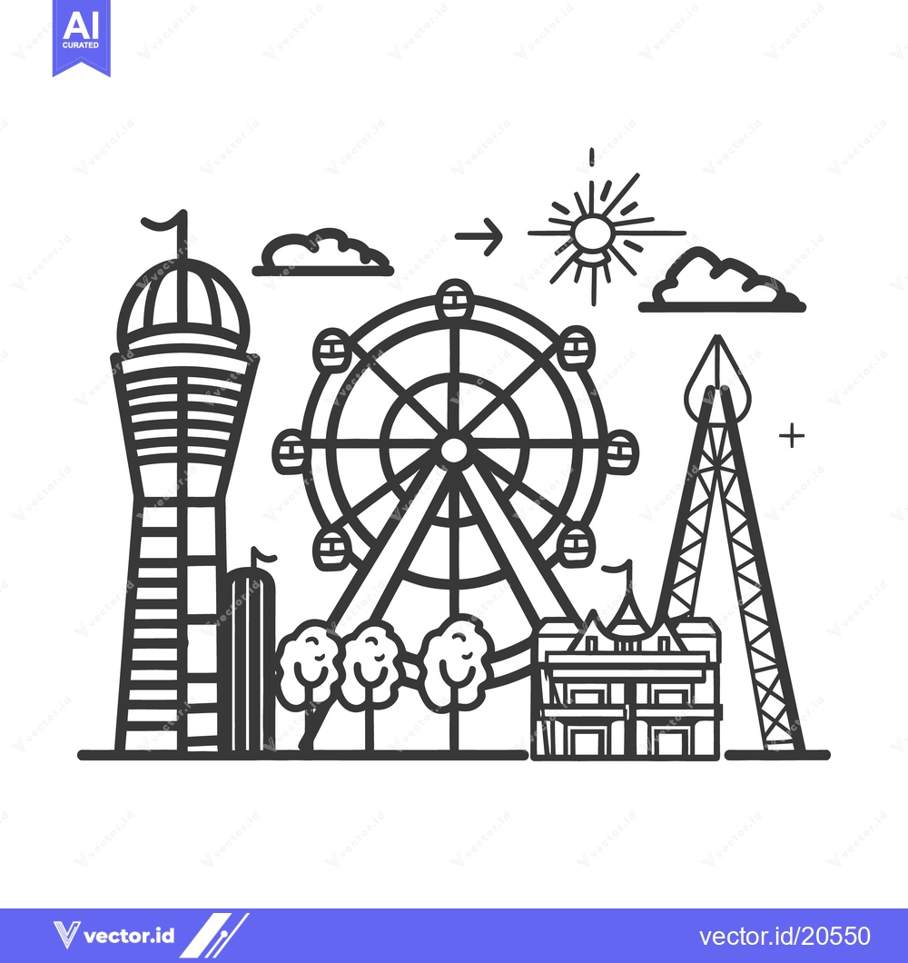 Premium Vector of A whimsical illustration of an amusement park scene depicted in lines
