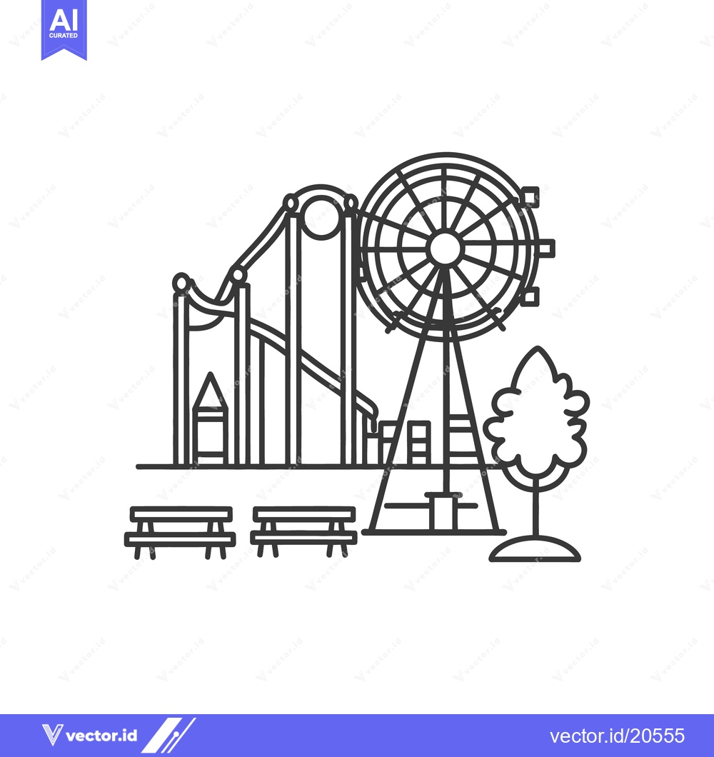 Premium Vector of An Amusement Park Depiction Featuring A Ferris Wheel And Roller Coaste