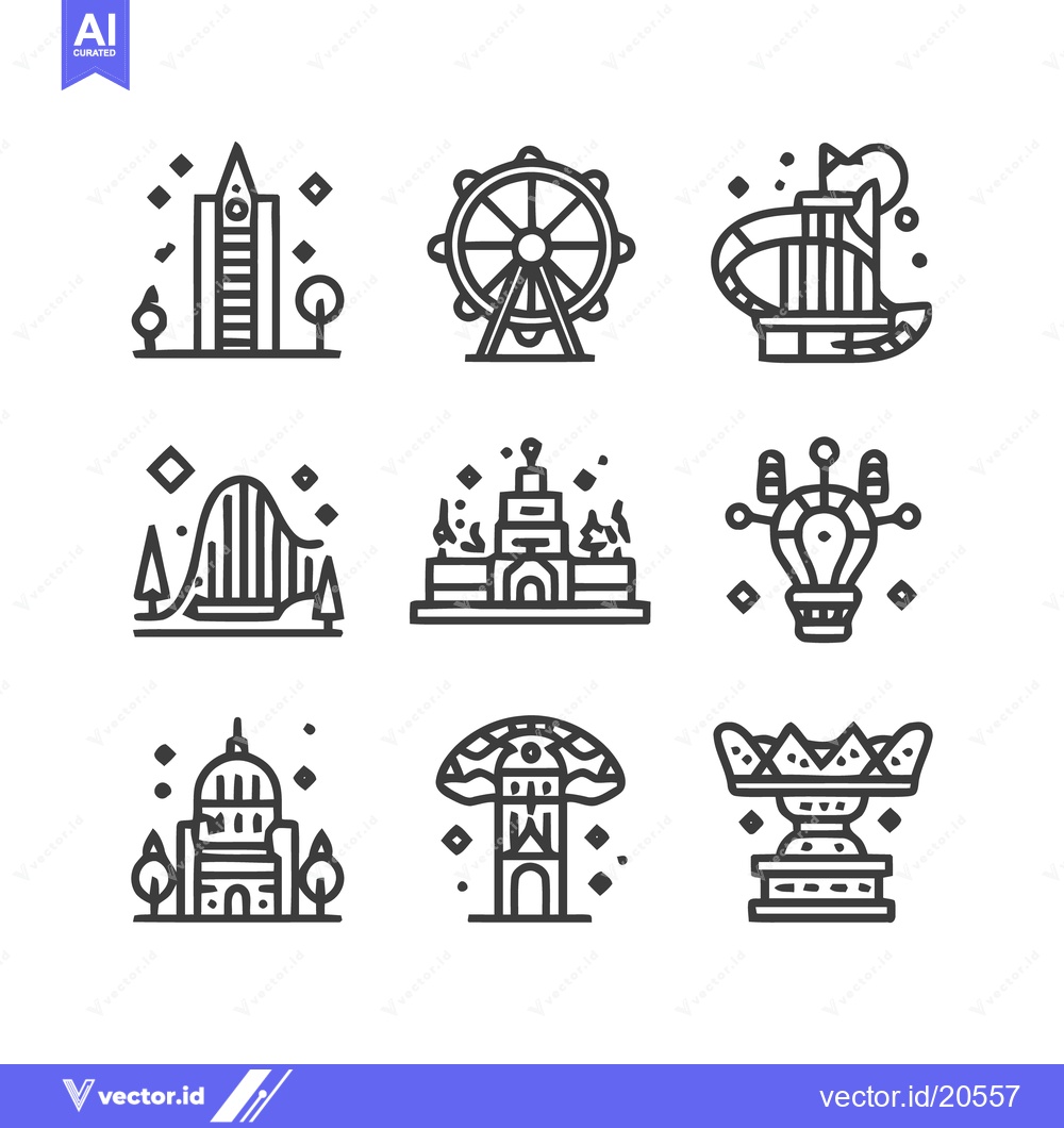 Premium Vector dari Minimalist Line Art: Landmarks and Attractions Icon Set on White
