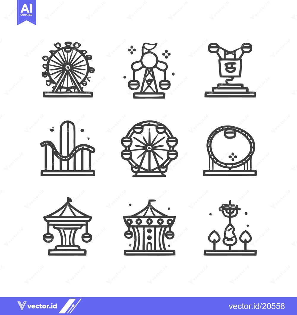Premium Vector dari Amusement Park Rides Icon Set: Ferris Wheel, Roller Coaster, Carousel,
