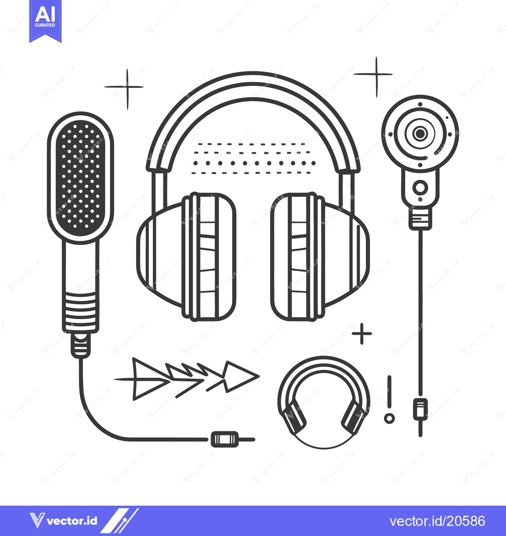 Premium Vector of A stylized monochrome illustration depicting audio equipment and eleme