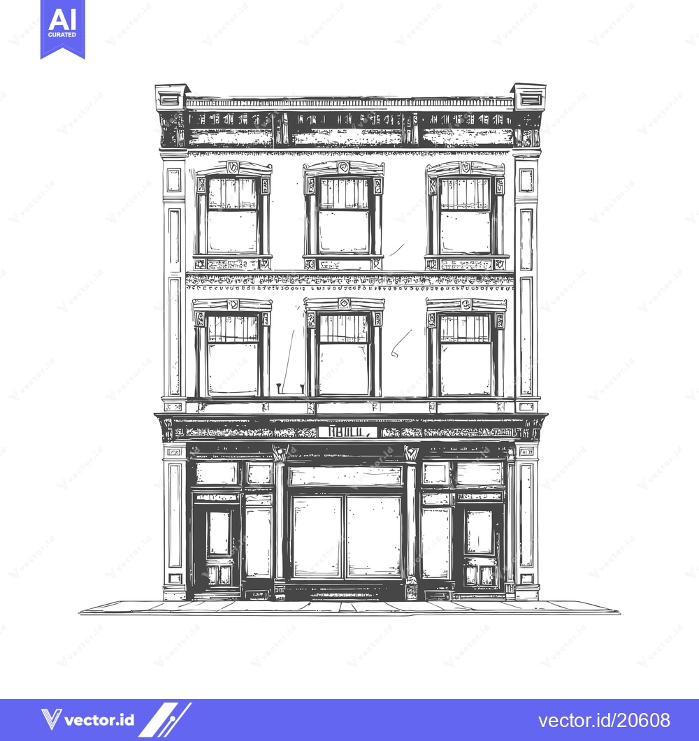 Premium Vector dari A Detailed Black and White Drawing of a Building Facade