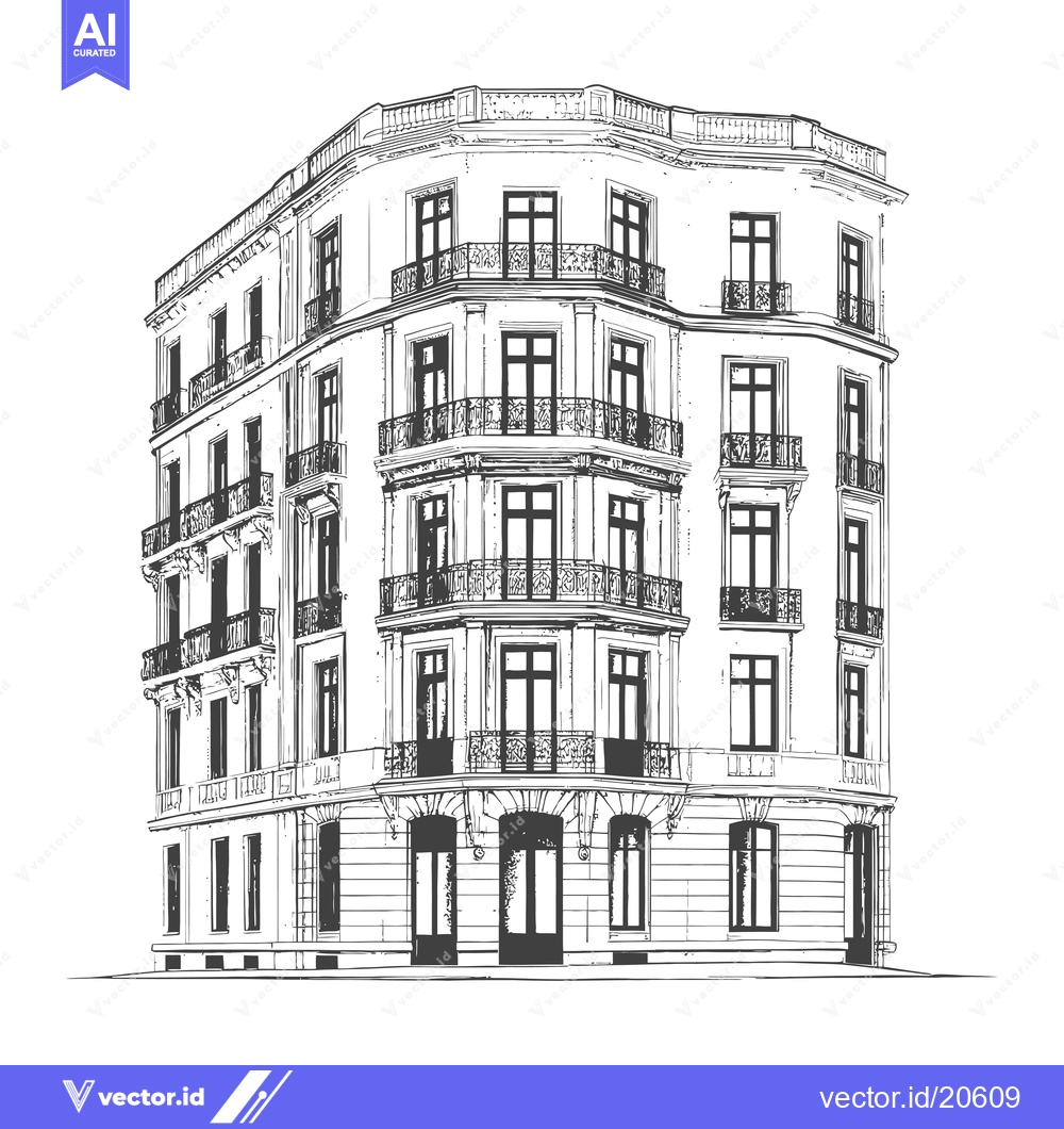 Premium Vector dari A building with balconies in a sketch style
