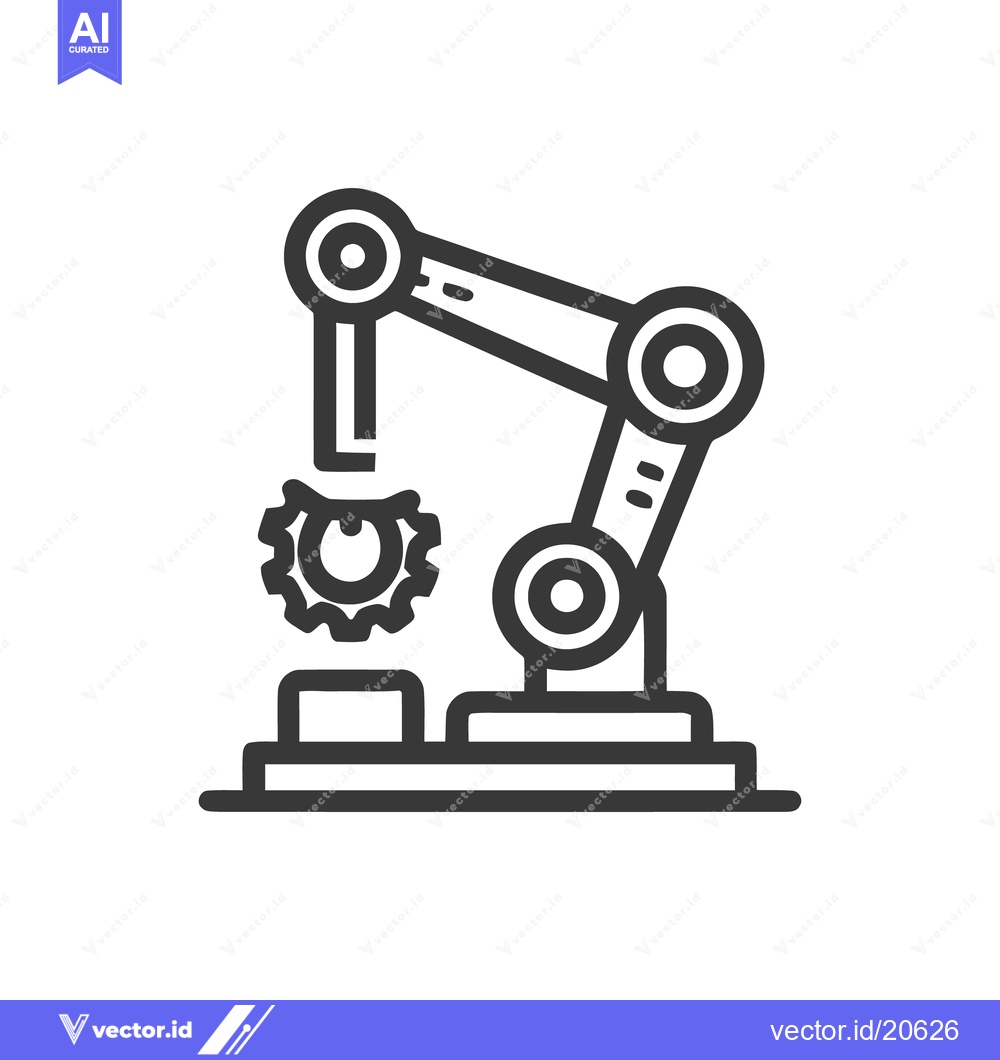 Premium Vector dari Robotic Arm Assembling Gear, Minimalist Line Art Icon on White Backgro