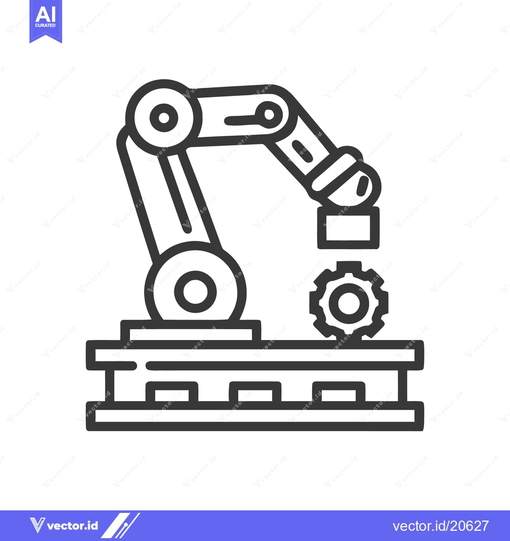 Premium Vector dari Robotic Arm Assembling Gear on Platform, Minimalist Line Art