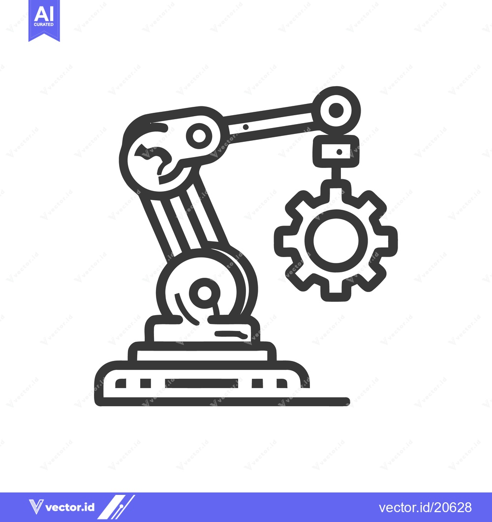 Premium Vector of Robotic Arm Holding Gear, Minimalist Line Art on White Background