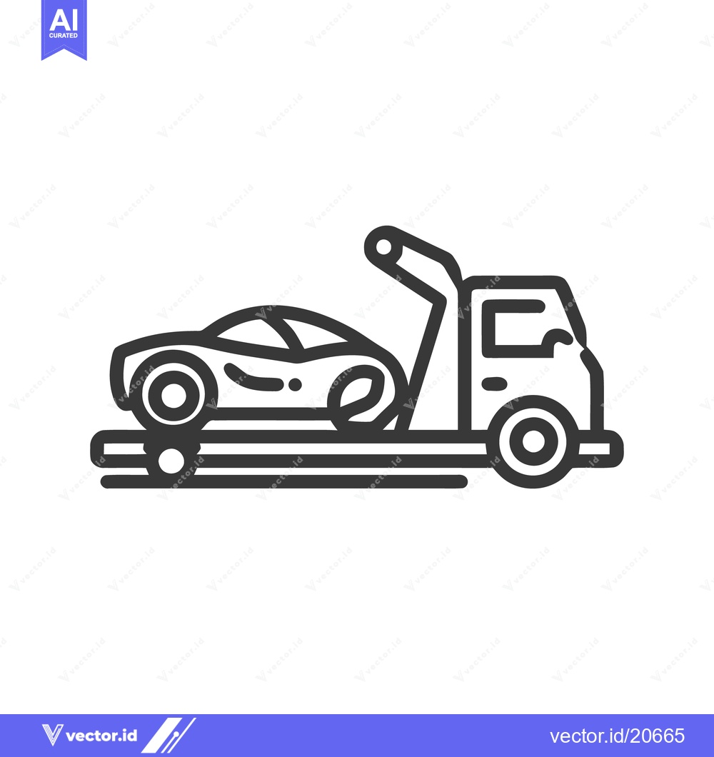 Premium Vector of Minimalist Tow Truck Icon: Car on Flatbed, Black Outline