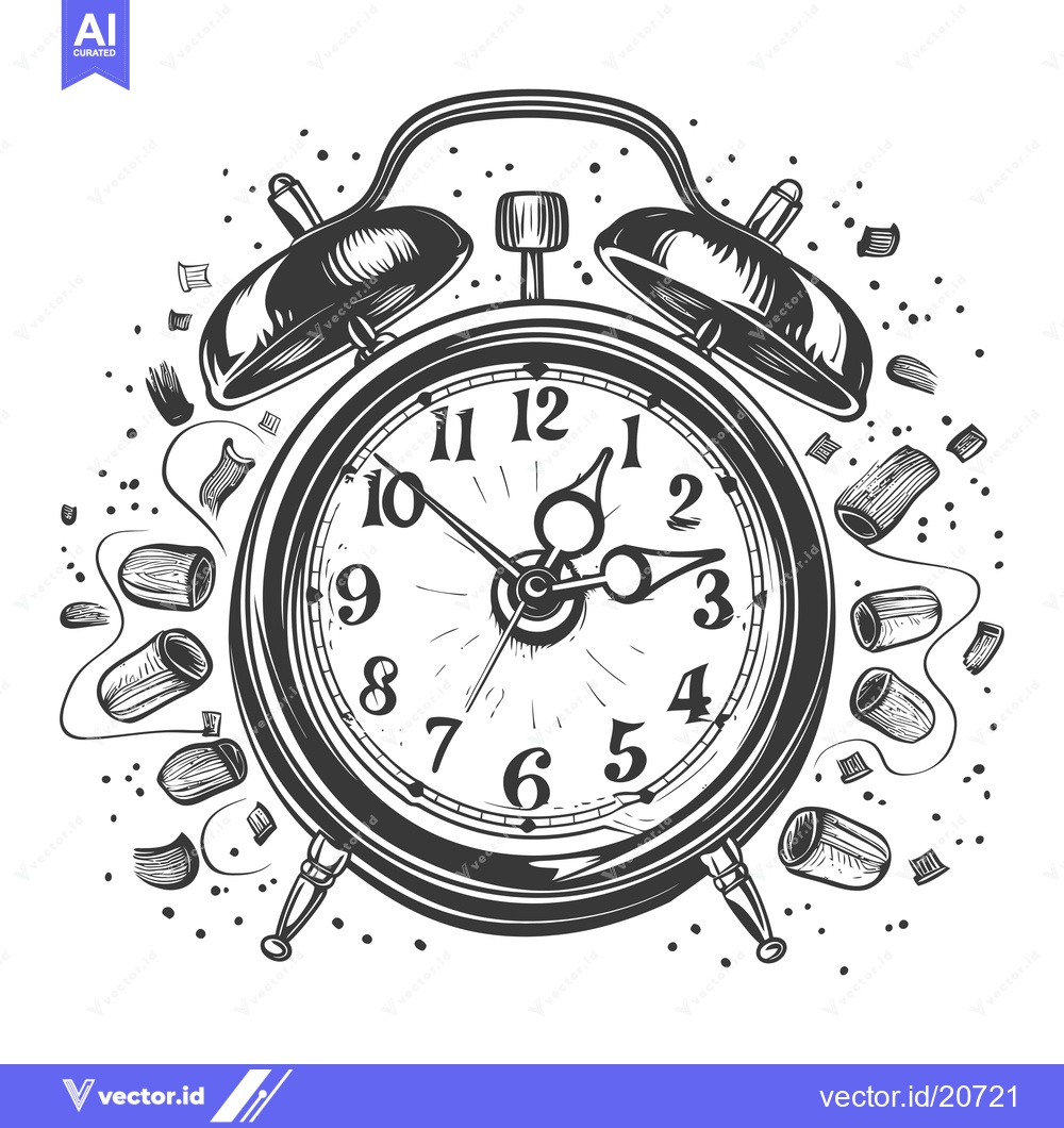 Premium Vector of A vintage alarm clock with its hands exploding in a shower of clock pa