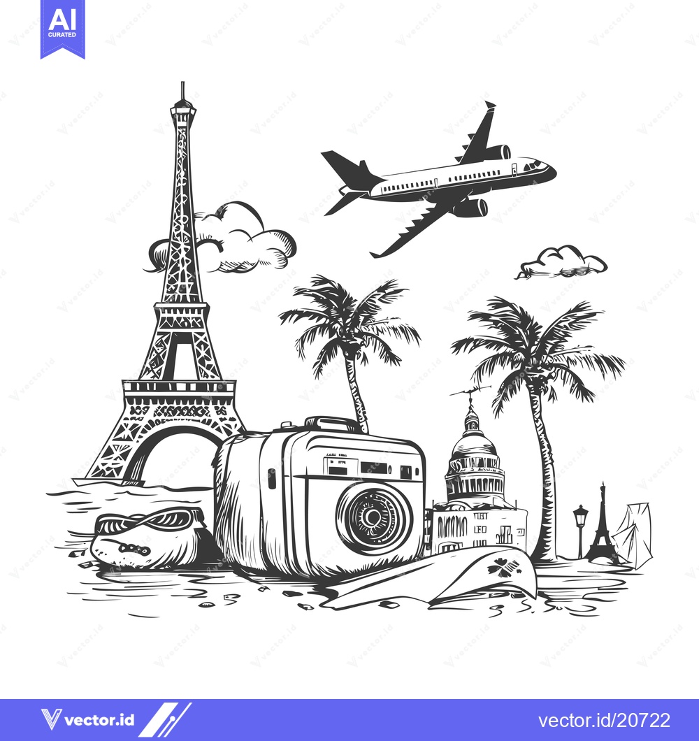 Premium Vector of A Vintage Camera Beside Palm Trees, the Eiffel Tower, and a Plane