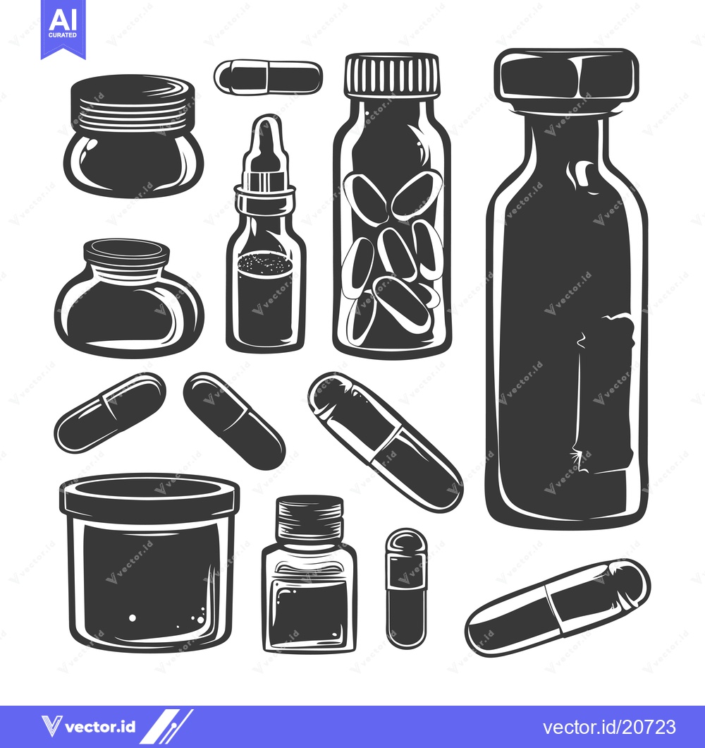 Premium Vector of A Vintage Collection of Medicine Bottles, Jars, and Capsules