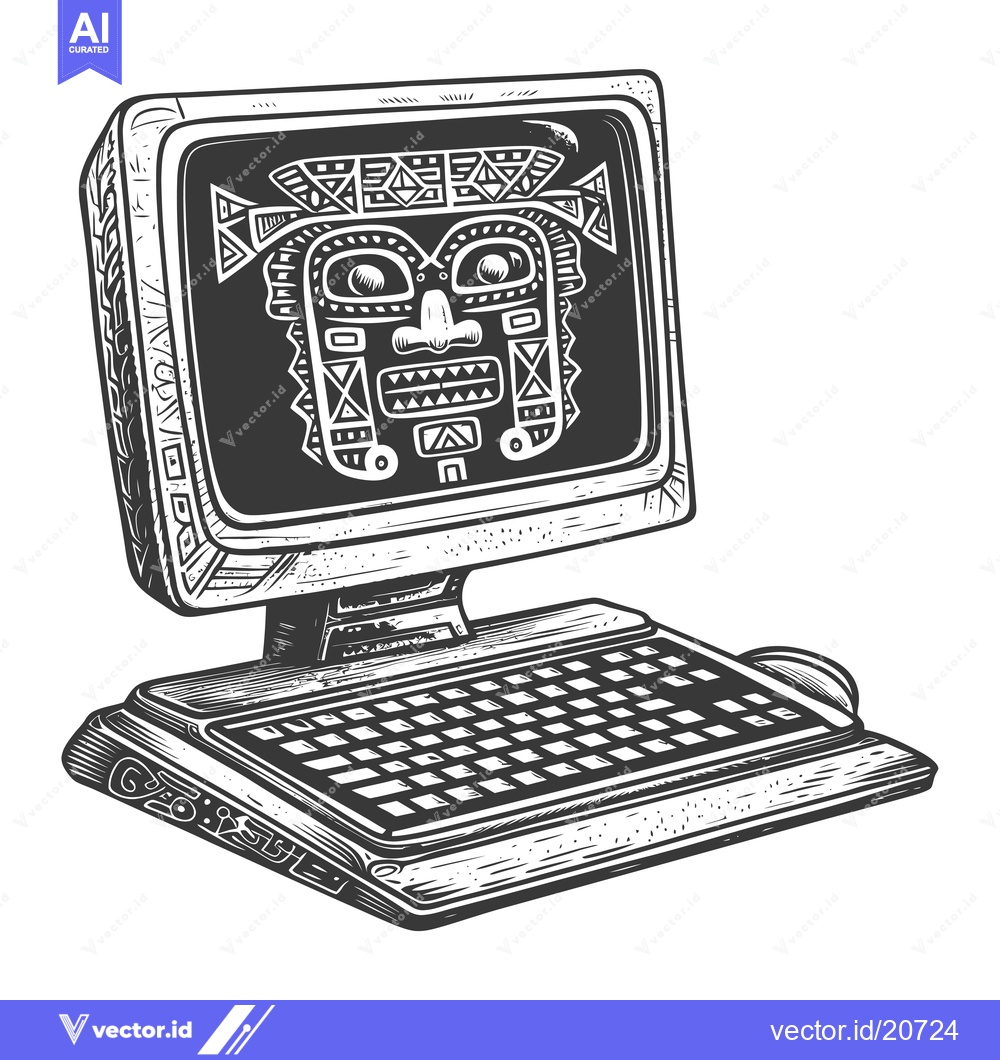 Premium Vector dari A Vintage Computer with an Aztec Mask Displayed on the Screen