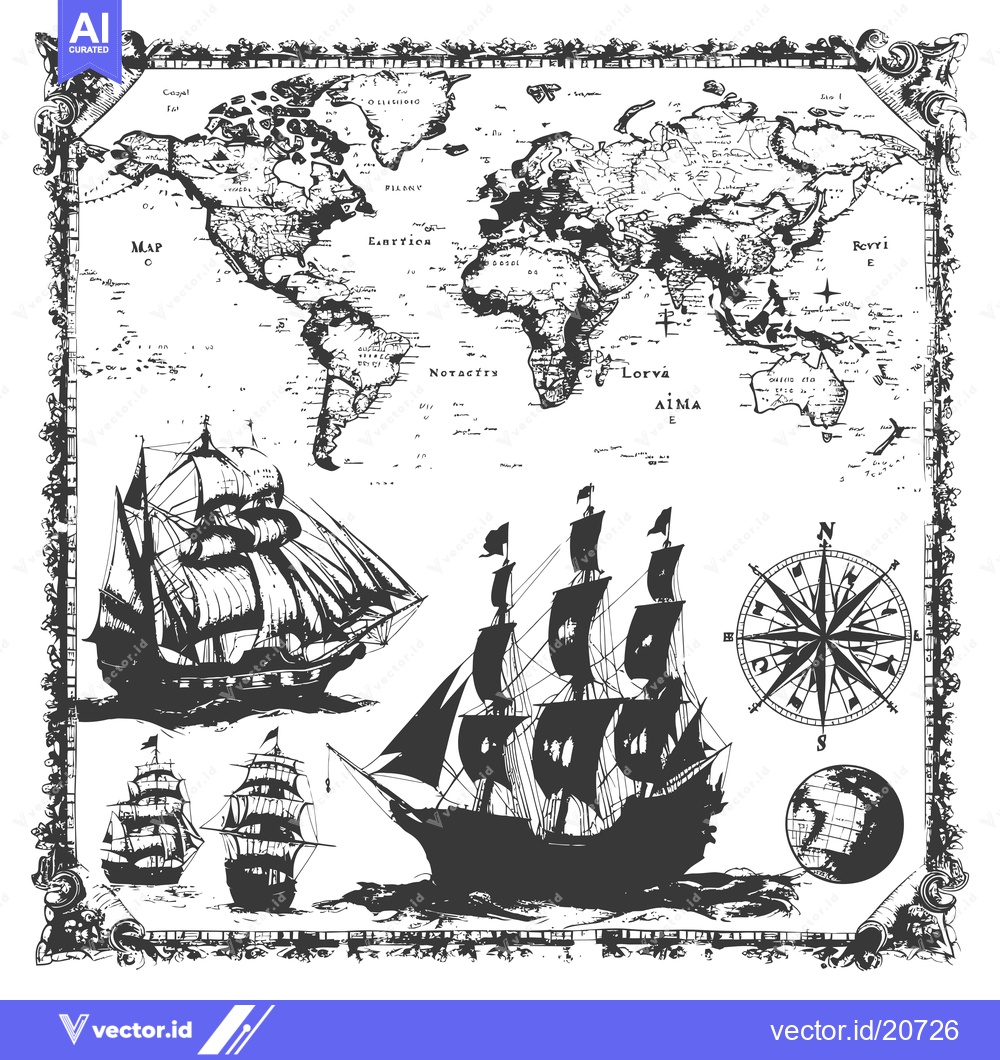 Premium Vector dari A Vintage Illustration of Ships and a World Map Surrounded by an Ornat