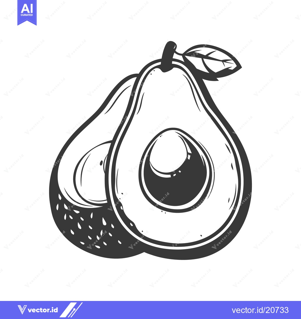 Premium Vector of A black and white illustration of two halved avocados with leaves