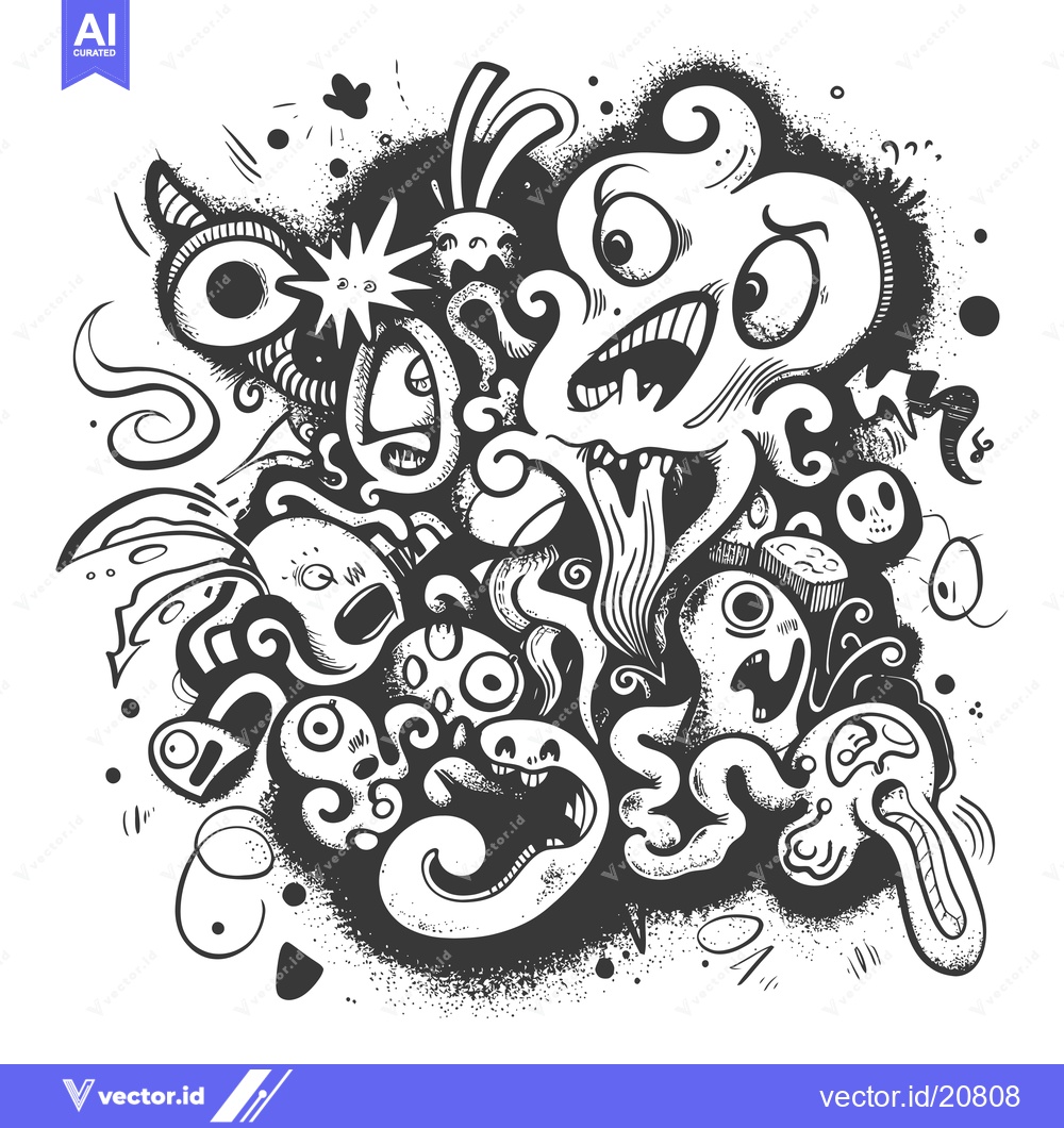 Premium Vector dari A whimsical black and white doodle of a multitude of fantastical creat