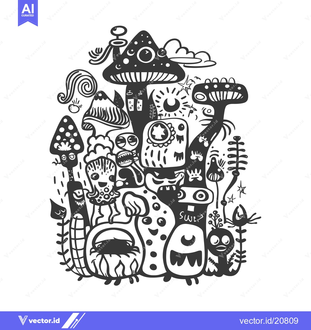 Premium Vector of A whimsical black and white doodle of anthropomorphic mushrooms and fa