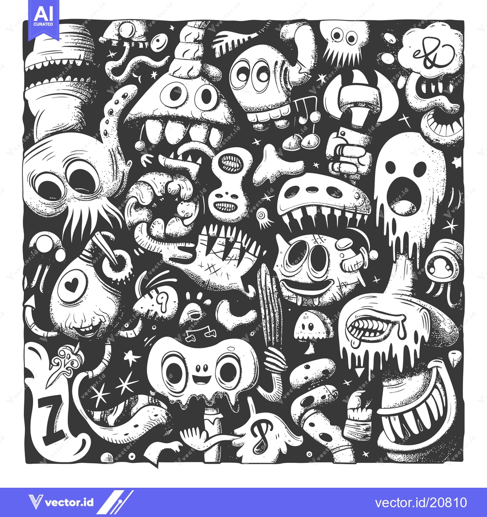 Premium Vector dari A Whimsical Black and White Doodle of Various Cartoon Monsters