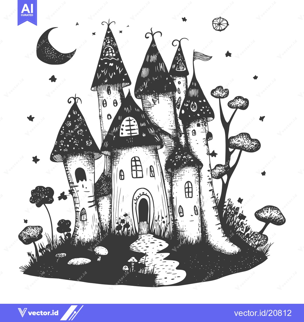 Premium Vector of A whimsical black and white illustration of a fairytale castle with a