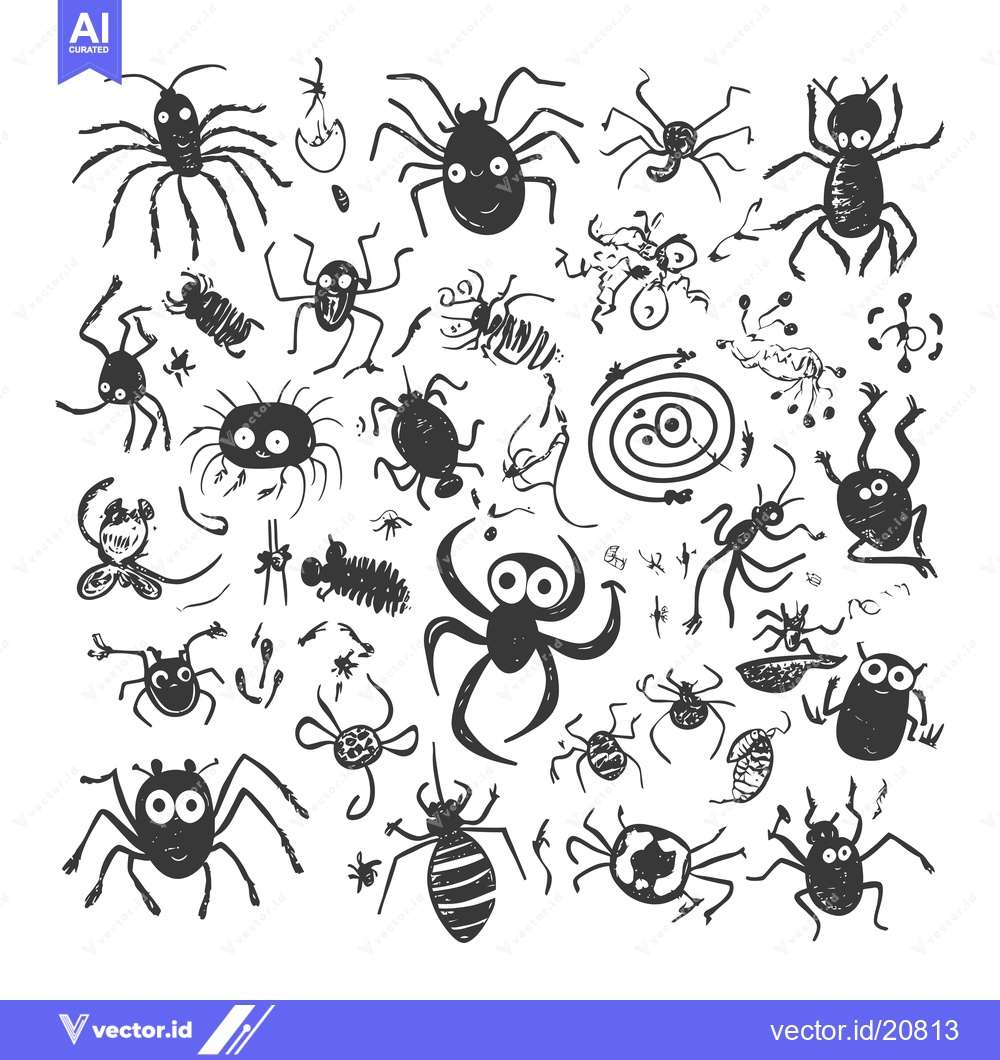 Premium Vector dari A whimsical collection of hand-drawn cartoon spiders and insects.