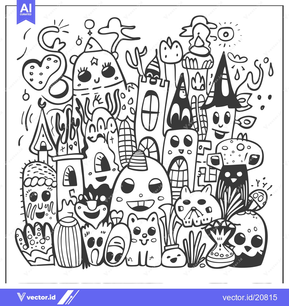 Premium Vector of A Whimsical Doodle of Funny Creatures and Buildings