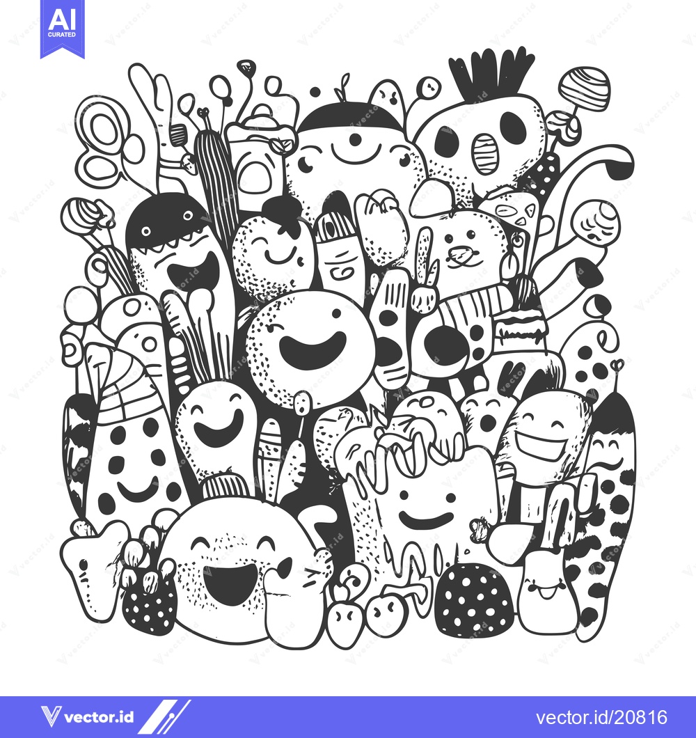 Premium Vector of A whimsical gathering of doodle creatures with happy faces