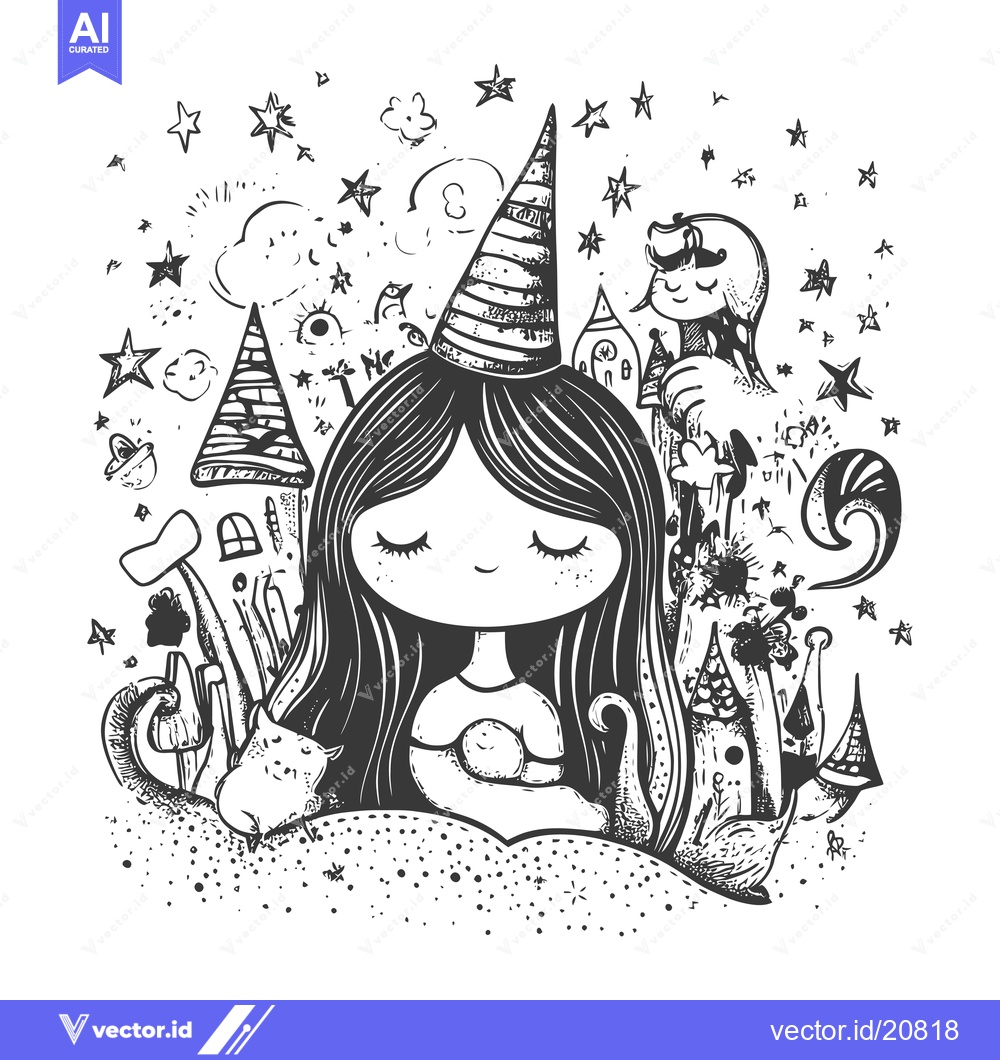Premium Vector dari A whimsical girl with closed eyes wearing a party hat, surrounded by f