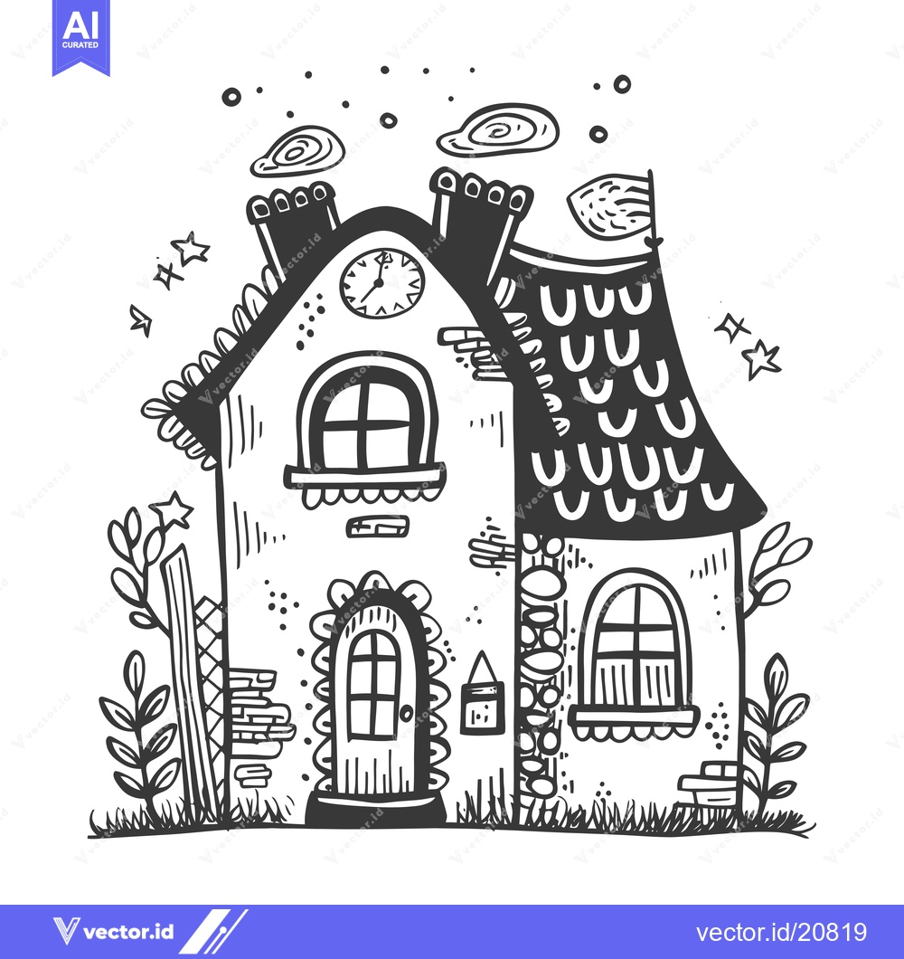 Premium Vector dari A whimsical hand-drawn black and white illustration of a cartoon house