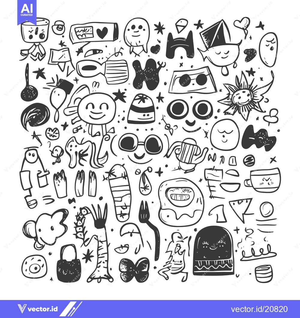 Premium Vector dari A Whimsical Hand-Drawn Collection of Funny Characters and Abstract Sha