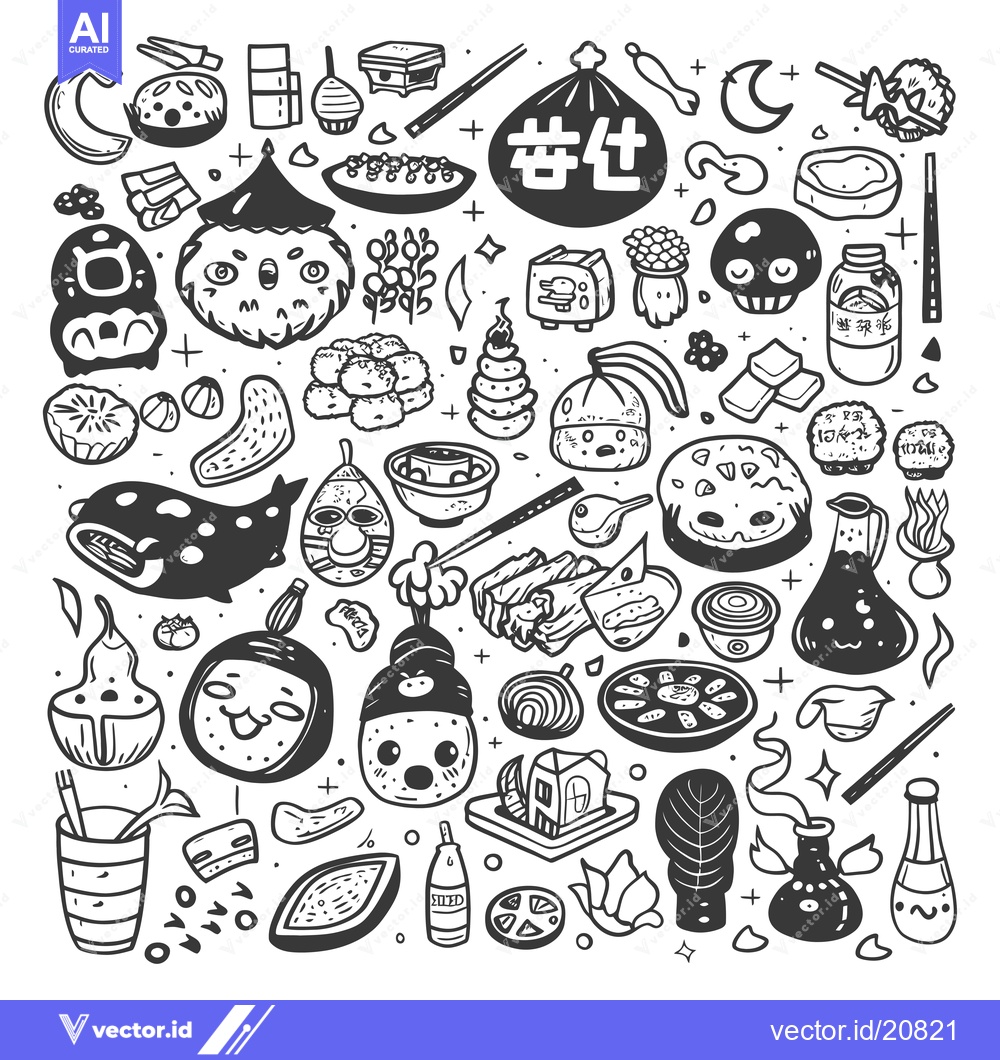 Premium Vector of A Whimsical Hand-Drawn Collection of Japanese Food and Objects