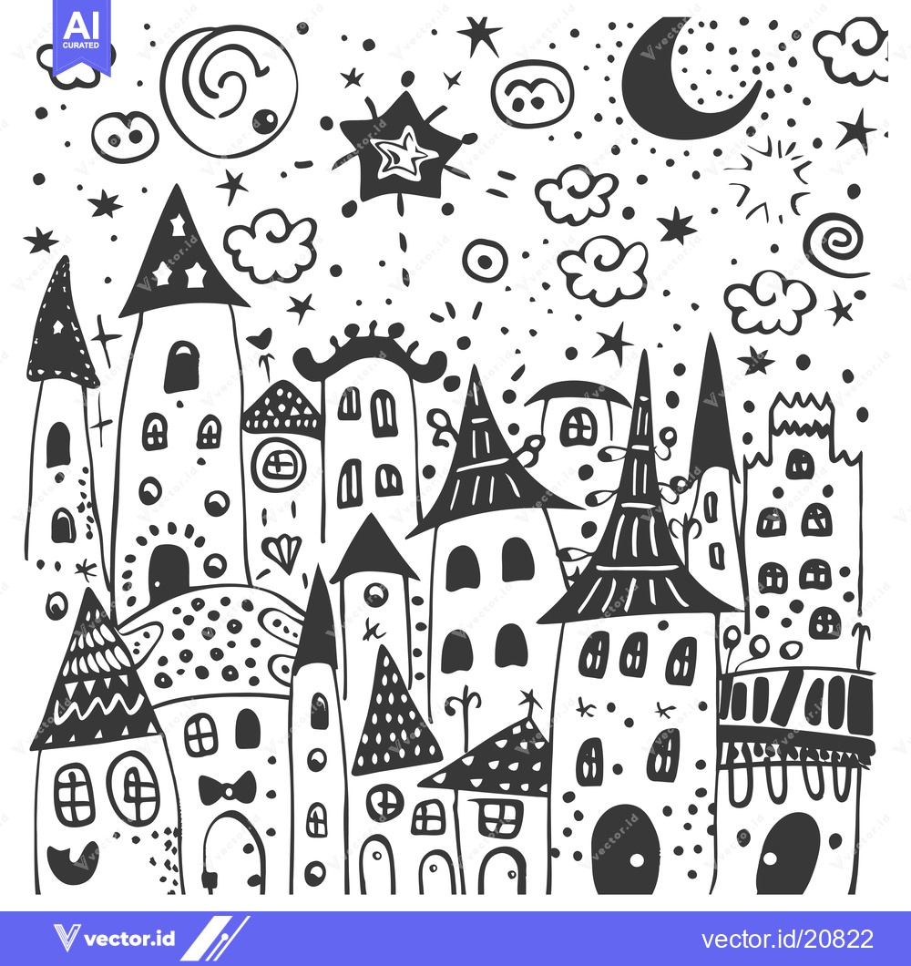 Premium Vector dari A whimsical hand-drawn illustration of a town under a night sky with a