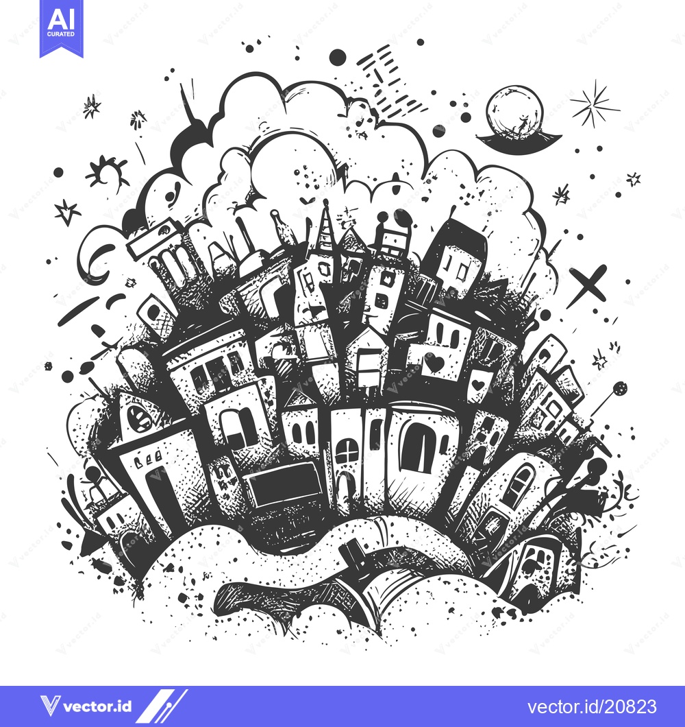 Premium Vector dari A whimsical, hand-drawn illustration of a town with buildings and a cl