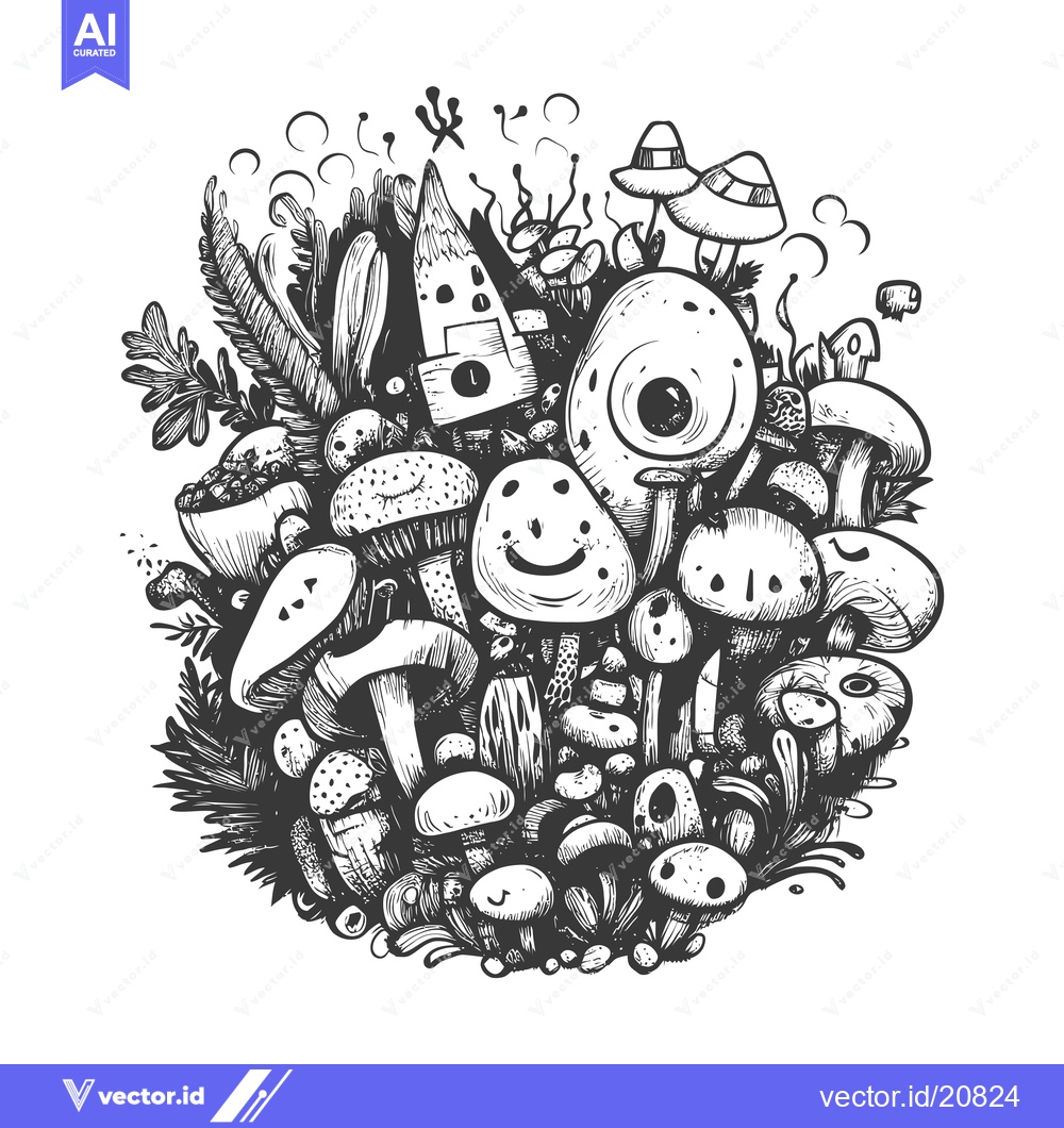 Premium Vector of A whimsical hand-drawn illustration of various types of mushrooms and