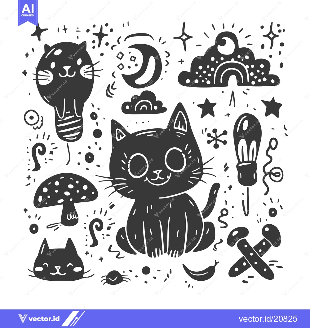Premium Vector dari A whimsical illustration featuring black cats, mushrooms, and other ab