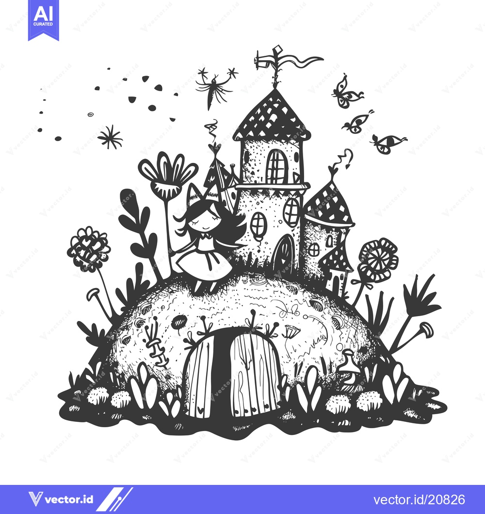 Premium Vector of A whimsical illustration of a princess standing in front of a castle o