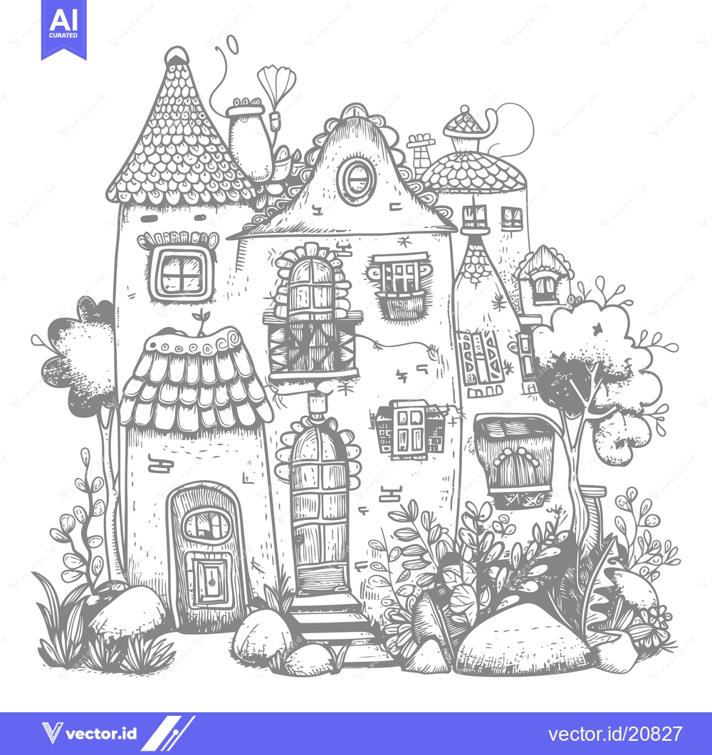 Premium Vector of A whimsical, multi-level house with intricate details and surrounding