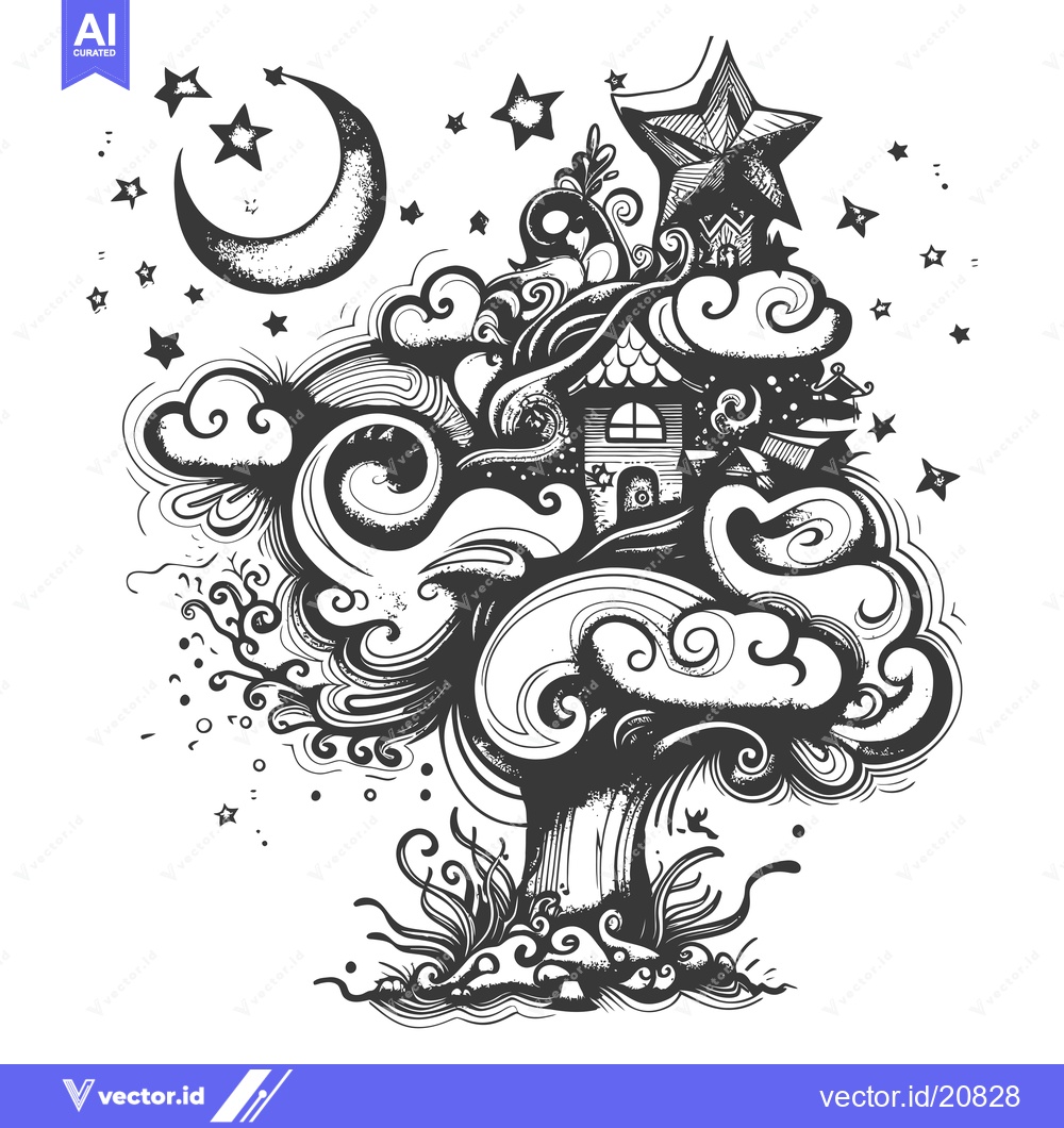 Premium Vector dari A whimsical tree with a house in its canopy, stars, and a crescent moo