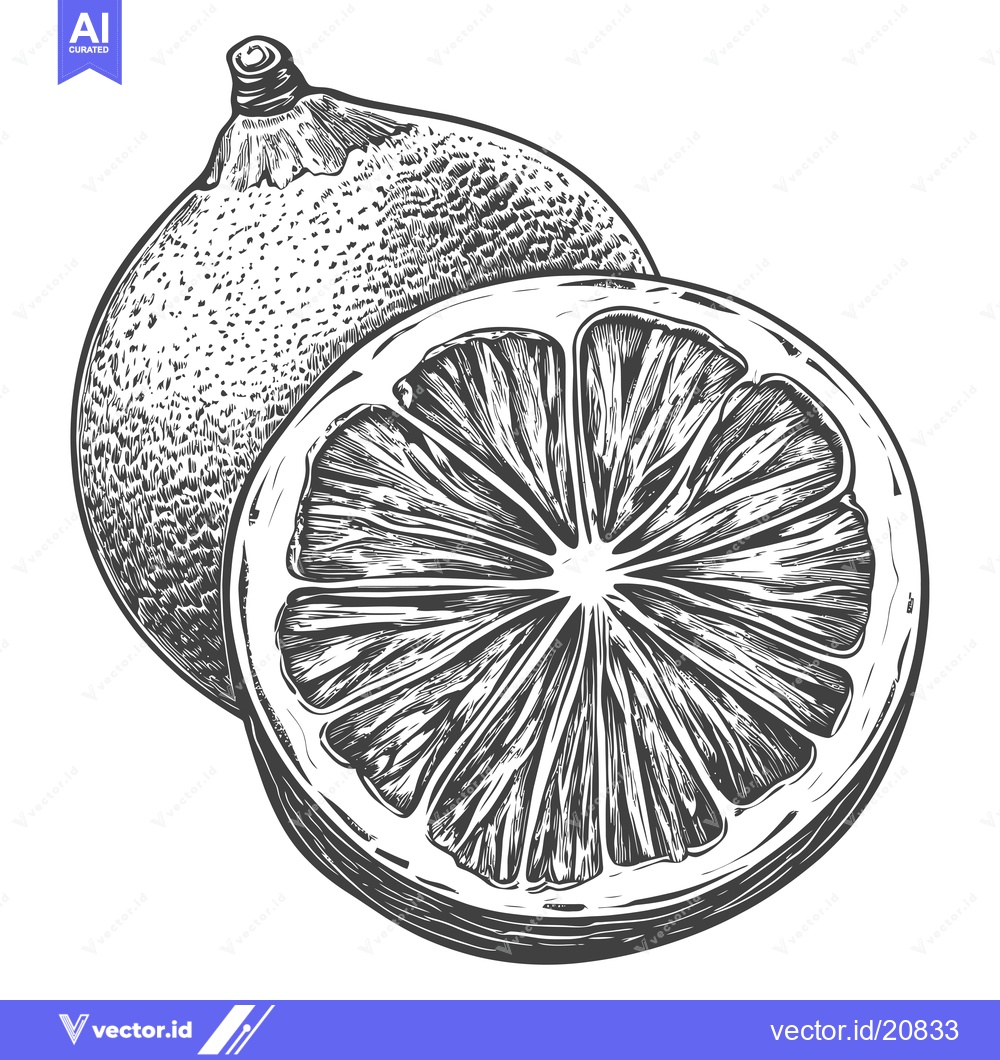 Premium Vector of A Whole and Sliced Lemon Fruit in Monochrome Illustration