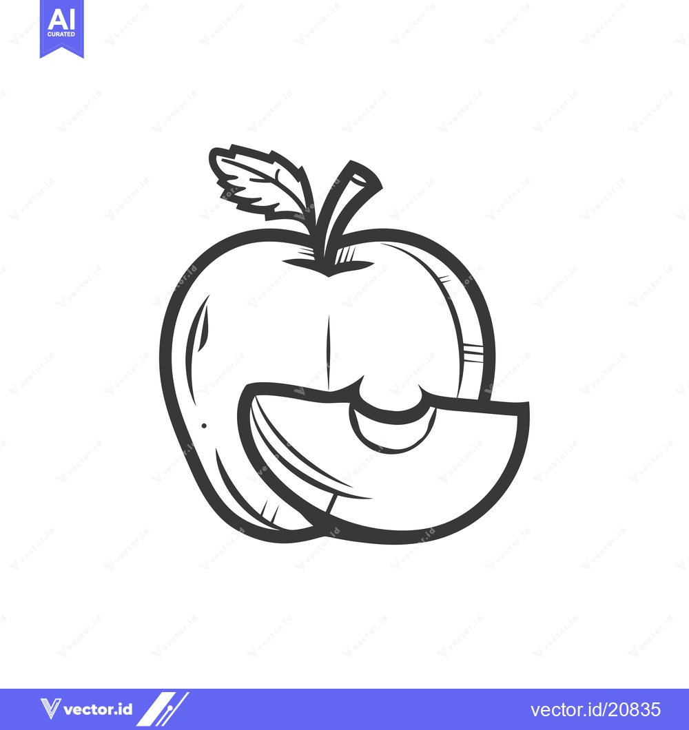 Premium Vector dari A Whole Apple and a Slice, Simple Black and White Outline Drawing
