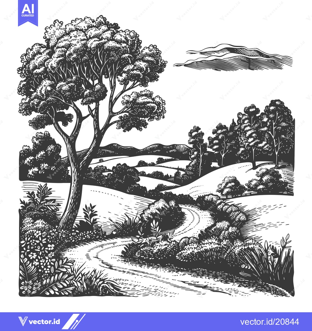 Premium Vector dari A Winding Country Road Through a Forest and Rolling Hills